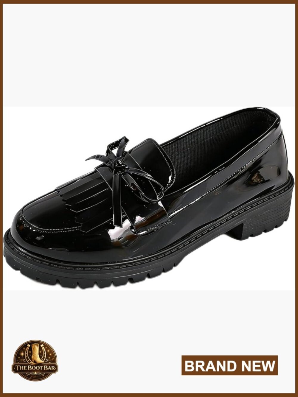 Patent Leather Tassel Loafers - Round Toe with Bow, Low Chunky Heel, Slip-On